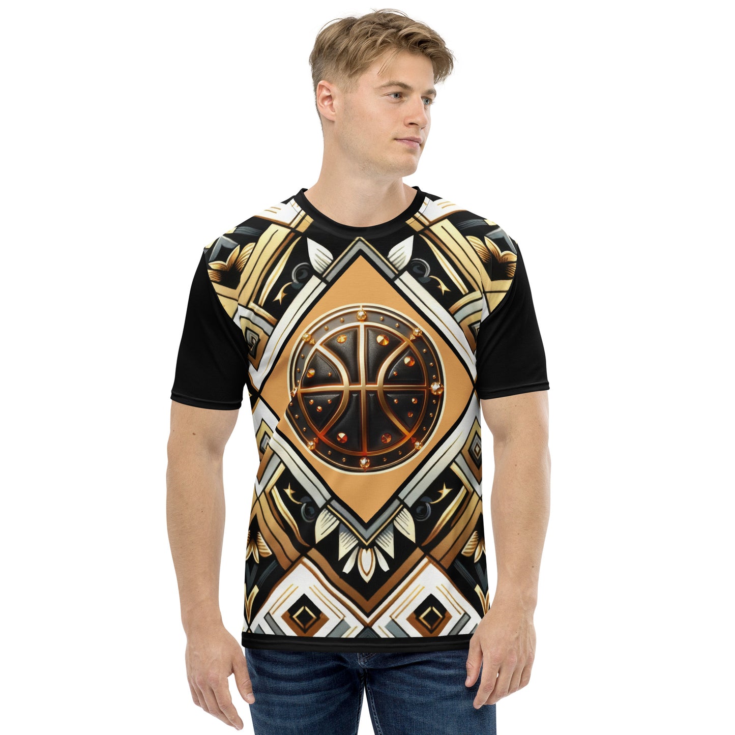 'Basketball Gold' All-Over-Print Black and Gold Polyester Men's Short Sleeve Basketball Shirt