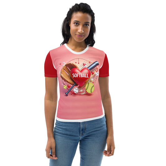 'Softball Is Love' All-Over-Print Polyester Women's Short Sleeve Softball Shirt