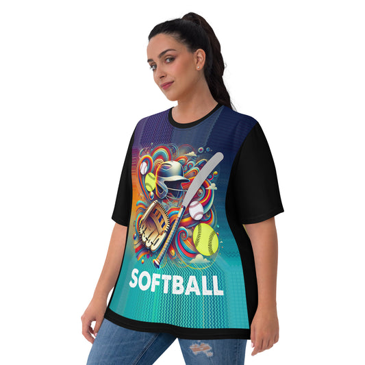 'It's All Rainbows & Softballs' All-Over-Print Polyester Women's Short Sleeve Softball Shirt