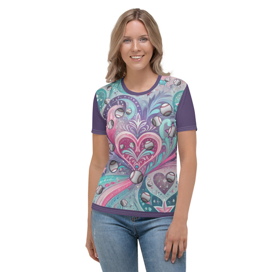 'Purple Hearts & Softballs' All-Over-Print Polyester Women's Short Sleeve Softball Shirt