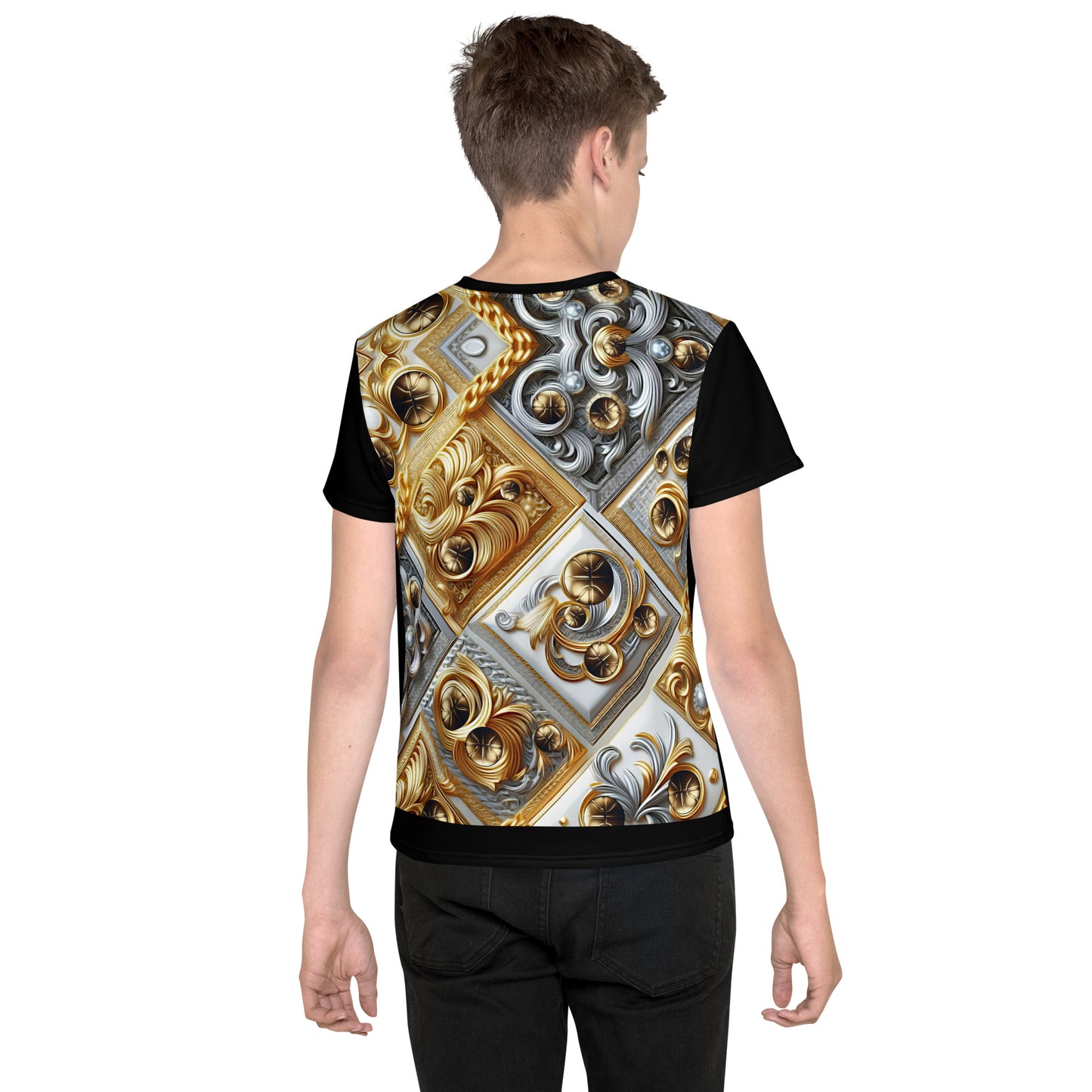 'B-Ball Gold Scroll' All-Over-Print Gold & Silver Polyester Boys' Short Sleeve Basketball Shirt (T-shirt)