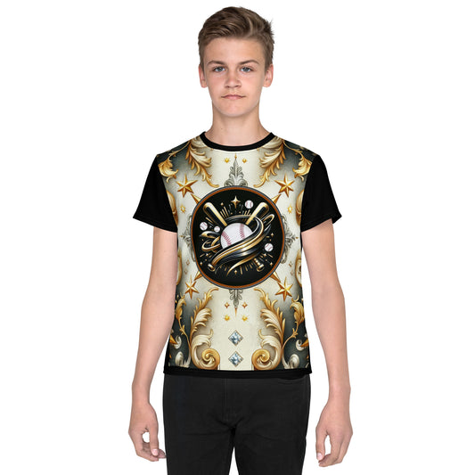 'Baseball Gold Scroll' All-Over-Print Polyester Boys' Short Sleeve Baseball Shirt (T-shirt)