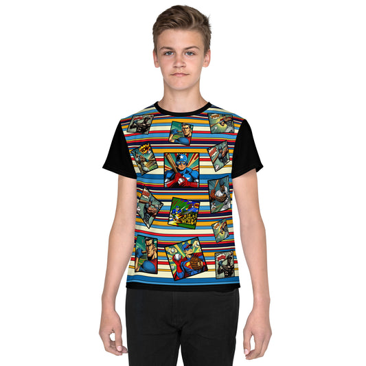 'Baseball Superhero Comics' All-Over-Print Polyester Boys' Short Sleeve Baseball Shirt (T-shirt)