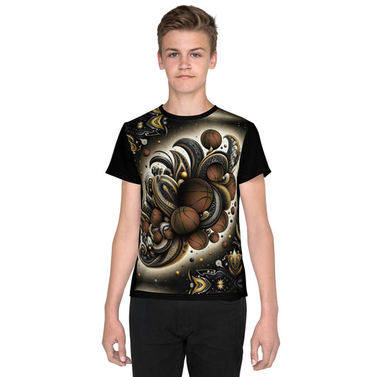 'Basketball Gold' All-Over-Print Black and Gold Polyester Boys' Short Sleeve Basketball Shirt (T-shirt)