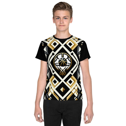 'Basketball Flare' All-Over-Print Gold, Black and White Polyester Boys' Short Sleeve Basketball Shirt (T-shirt)