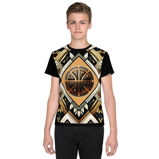 'Basketball Gold' All-Over-Print Black and Gold Polyester Boy's Short Sleeve Basketball Shirt (T-shirt)