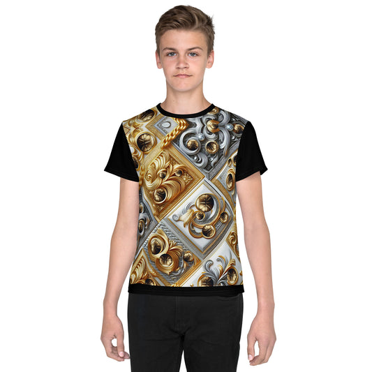 'B-Ball Gold Scroll' All-Over-Print Gold & Silver Polyester Boys' Short Sleeve Basketball Shirt (T-shirt)