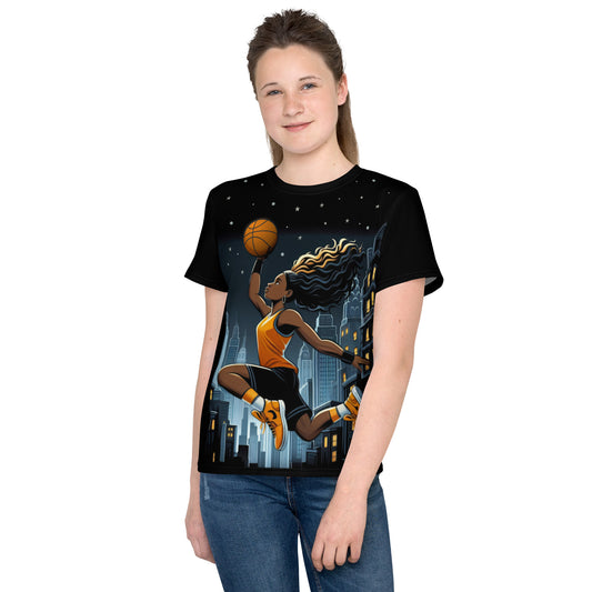 'Over the City' All-Over-Print Polyester Girls' Short Sleeve Basketball Shirt (T-shirt)