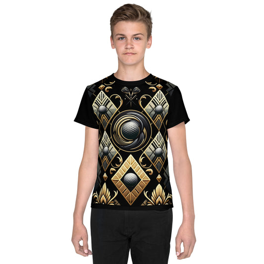 'Fancy Five Diamonds' All-Over-Print Gold & Black Polyester Boys' Short Sleeve Golf Shirt (T-shirt)