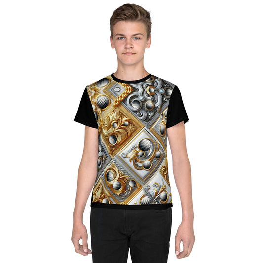 'Golf Gold Scroll' All-Over-Print Gold & Silver Polyester Boys' Short Sleeve Golf Shirt (T-shirt)