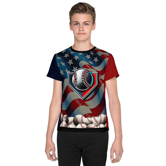 'American Made Game' All-Over-Print Polyester Boy's Short Sleeve Baseball Shirt