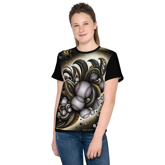 'Paisley Ball Cluster' All-Over-Print Polyester Girls Short Sleeve Baseball T-Shirt