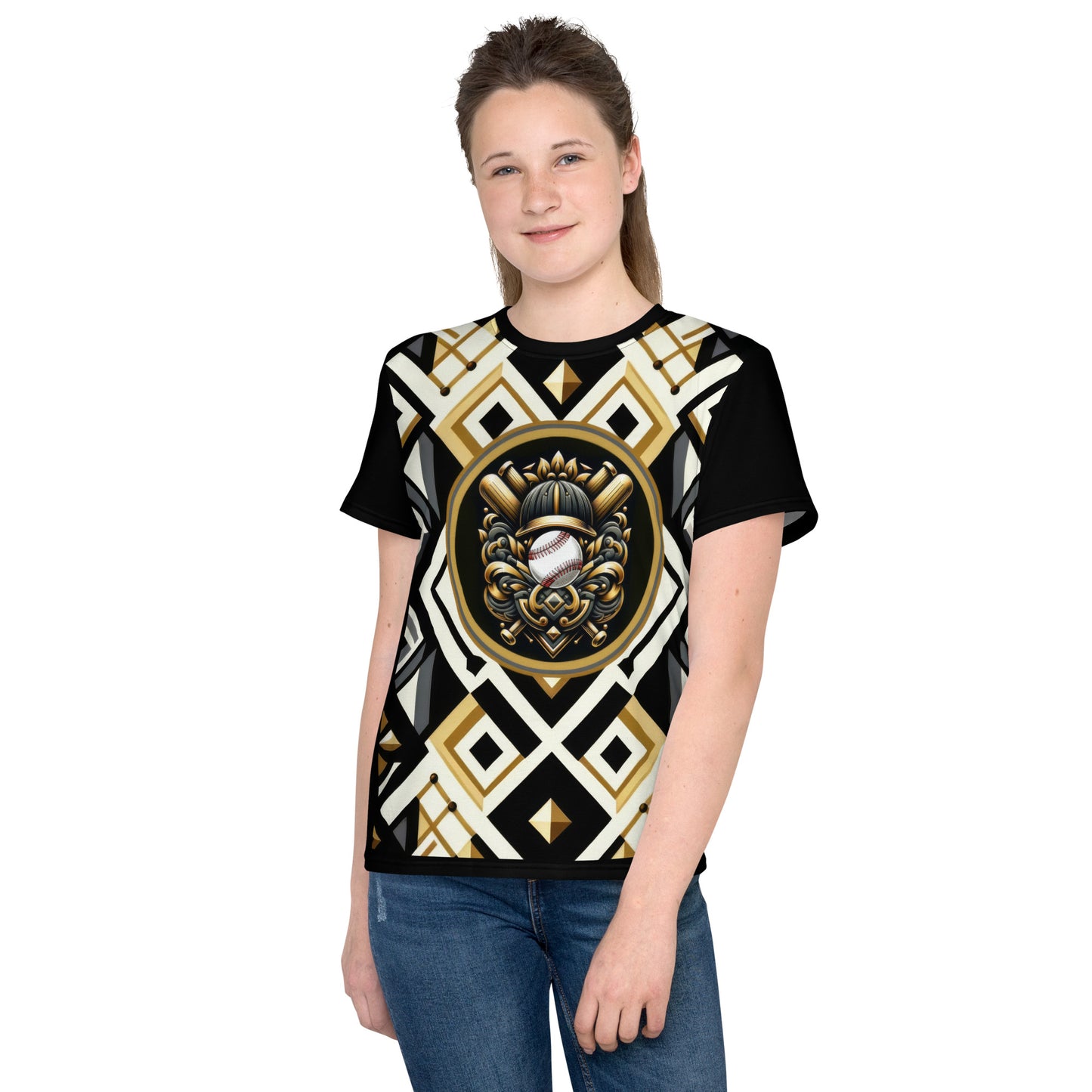 'Softball Gold Scroll' All-Over-Print Polyester Girls Short Sleeve Softball Shirt