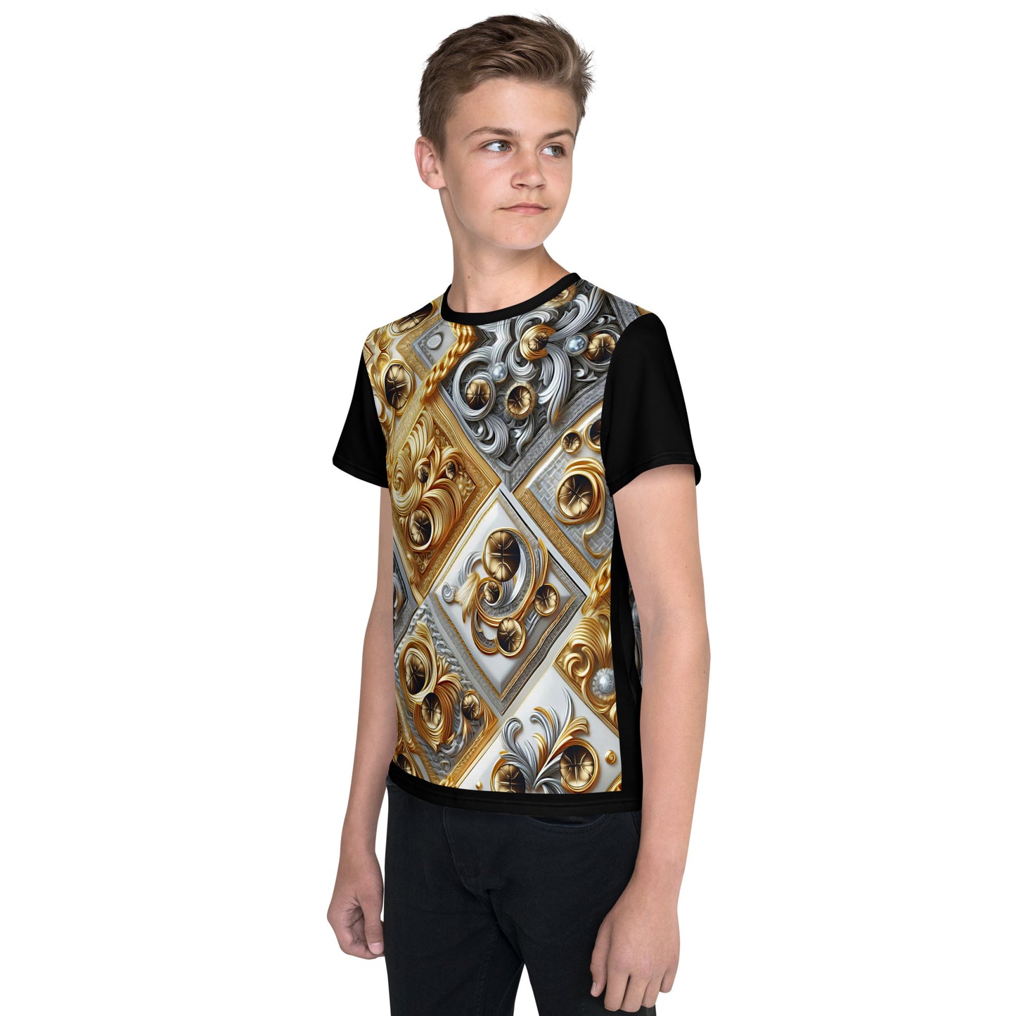 'B-Ball Gold Scroll' All-Over-Print Gold & Silver Polyester Boys' Short Sleeve Basketball Shirt (T-shirt)