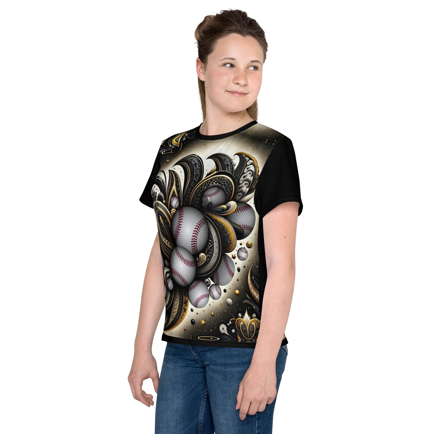 'Paisley Ball Cluster' All-Over-Print Polyester Girls Short Sleeve Baseball T-Shirt