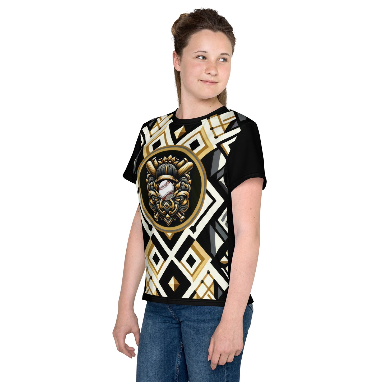 'Softball Gold Scroll' All-Over-Print Polyester Girls Short Sleeve Softball Shirt