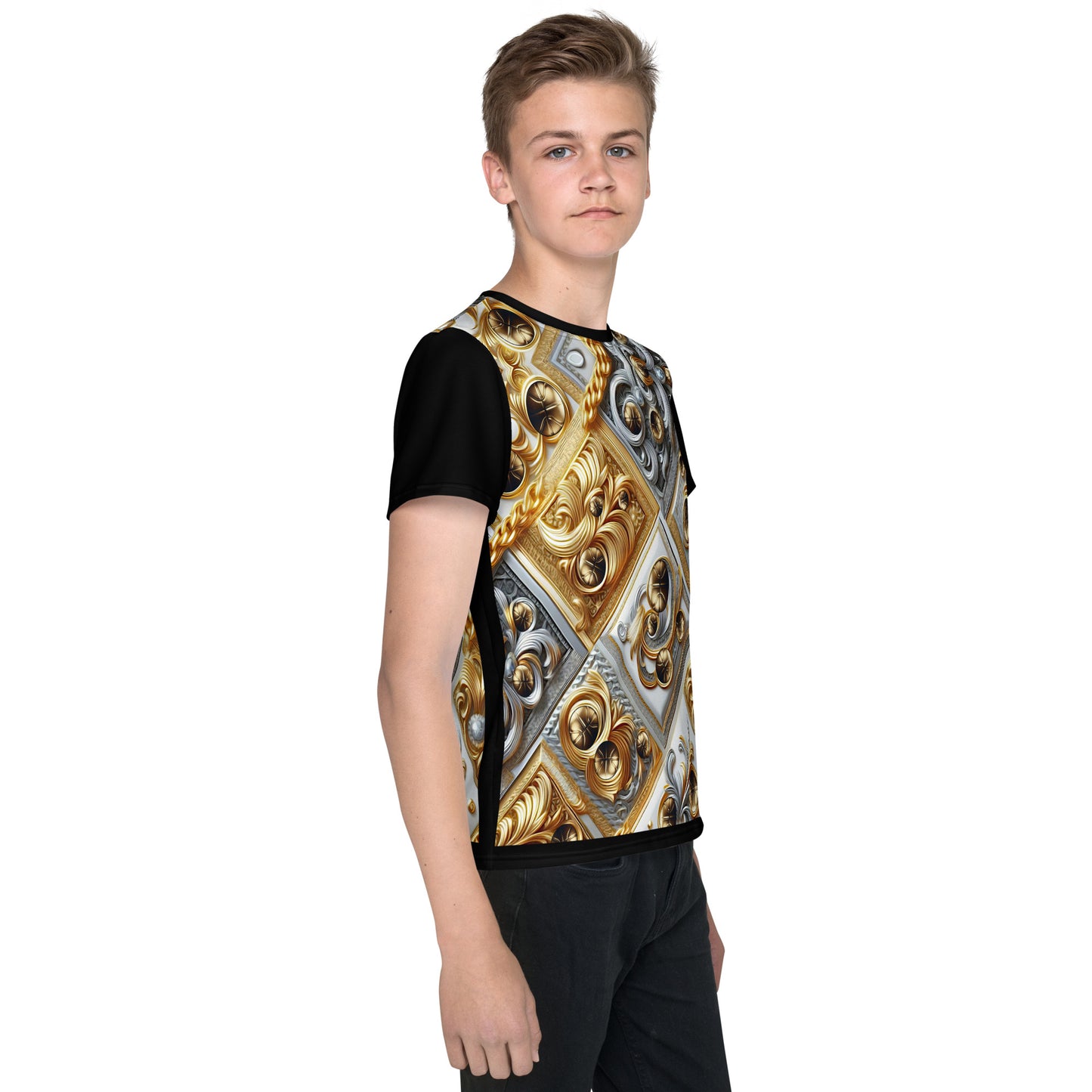 'B-Ball Gold Scroll' All-Over-Print Gold & Silver Polyester Boys' Short Sleeve Basketball Shirt (T-shirt)