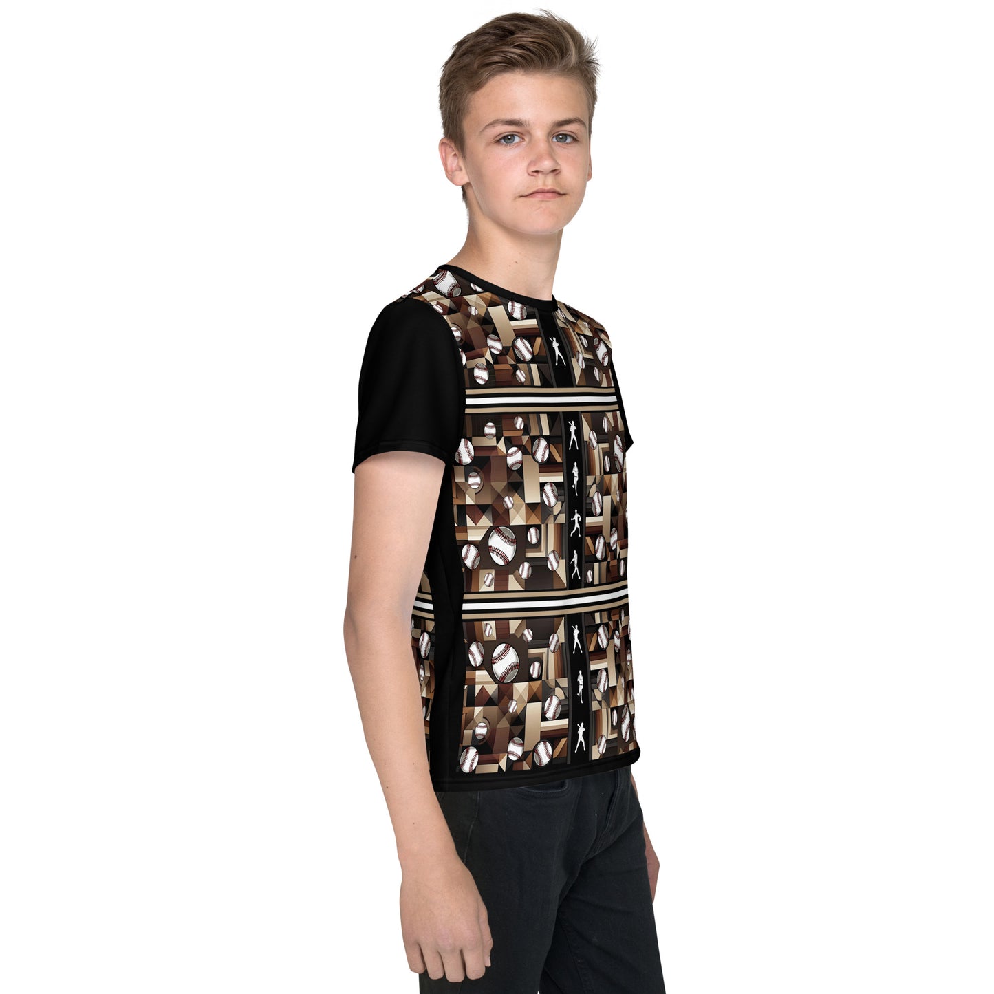 'Geometric Baseball' All-Over-Print Polyester Boys Short Sleeve Baseball Shirt