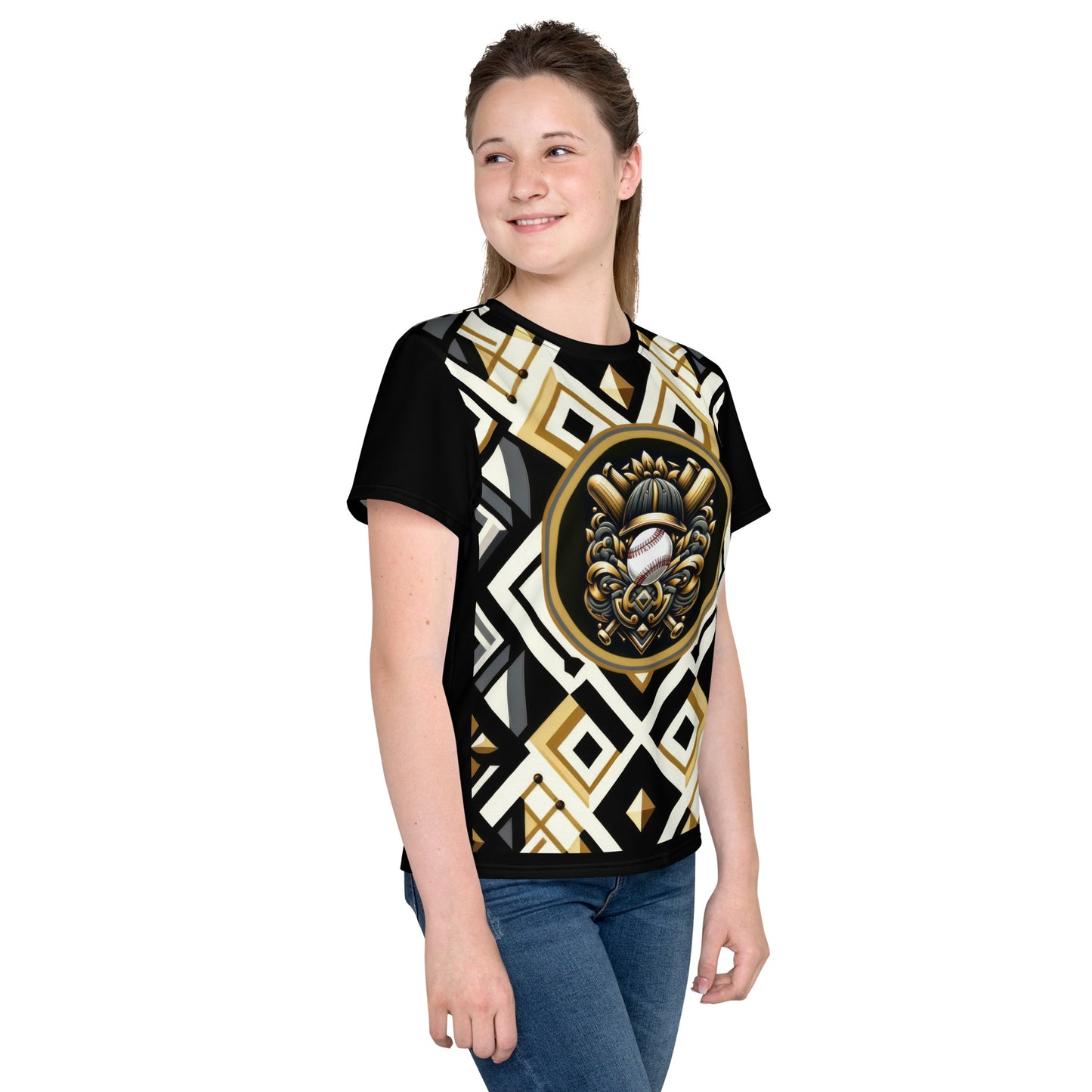 'Softball Gold Scroll' All-Over-Print Polyester Girls Short Sleeve Softball Shirt